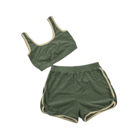 MWL by Madewell - Terry Towel Curved Hem Shorts & Crop Top in Green - Picture 1 of 3